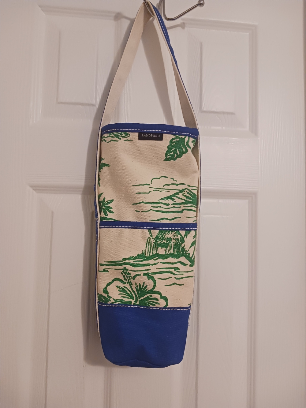 Lands' End Canvas Bottle Tote in Cream, Green & Blue Trim Tropical